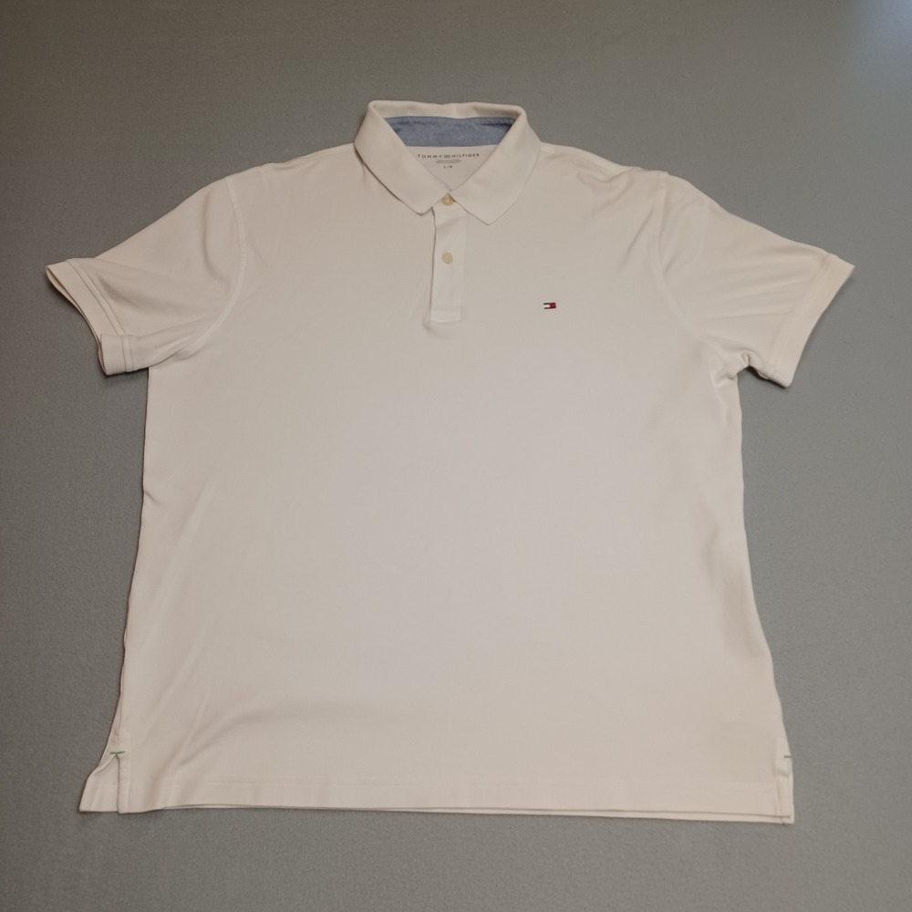 Tommy Hilfiger Polo Shirt Mens L White Cotton Short Sleeve Classic Flag Logo
